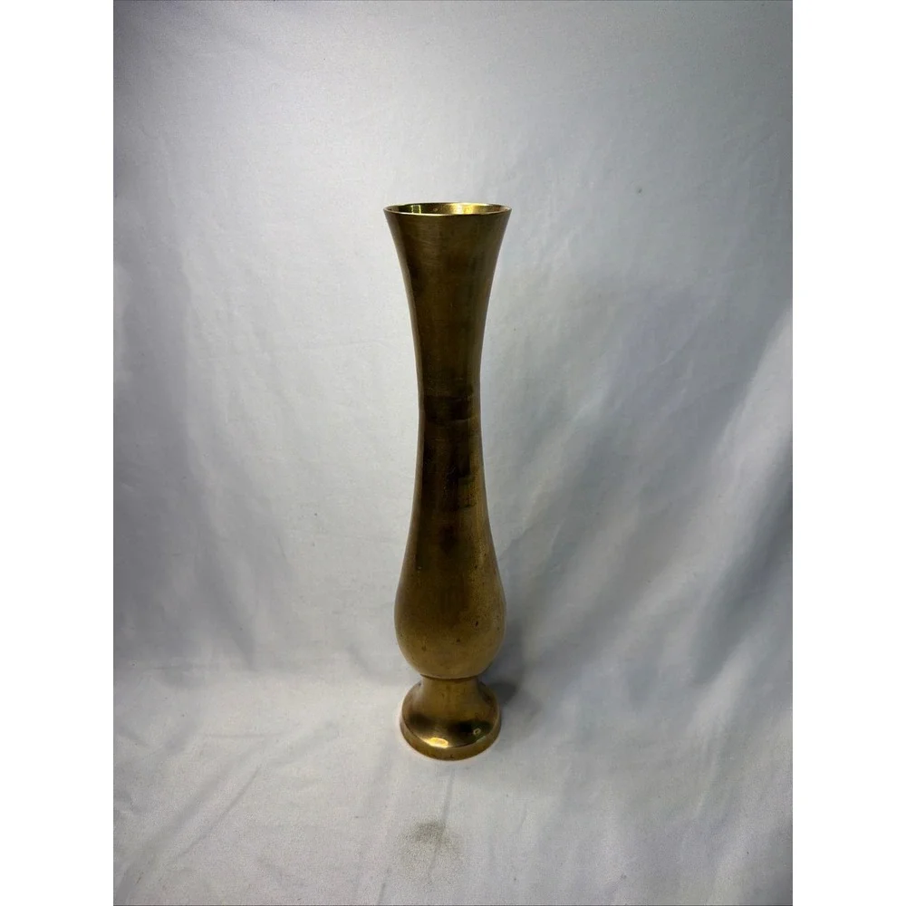Vintage Solid Brass Bud Vase Tall Slender Gold Tone Flower Holder 12.75 Inch